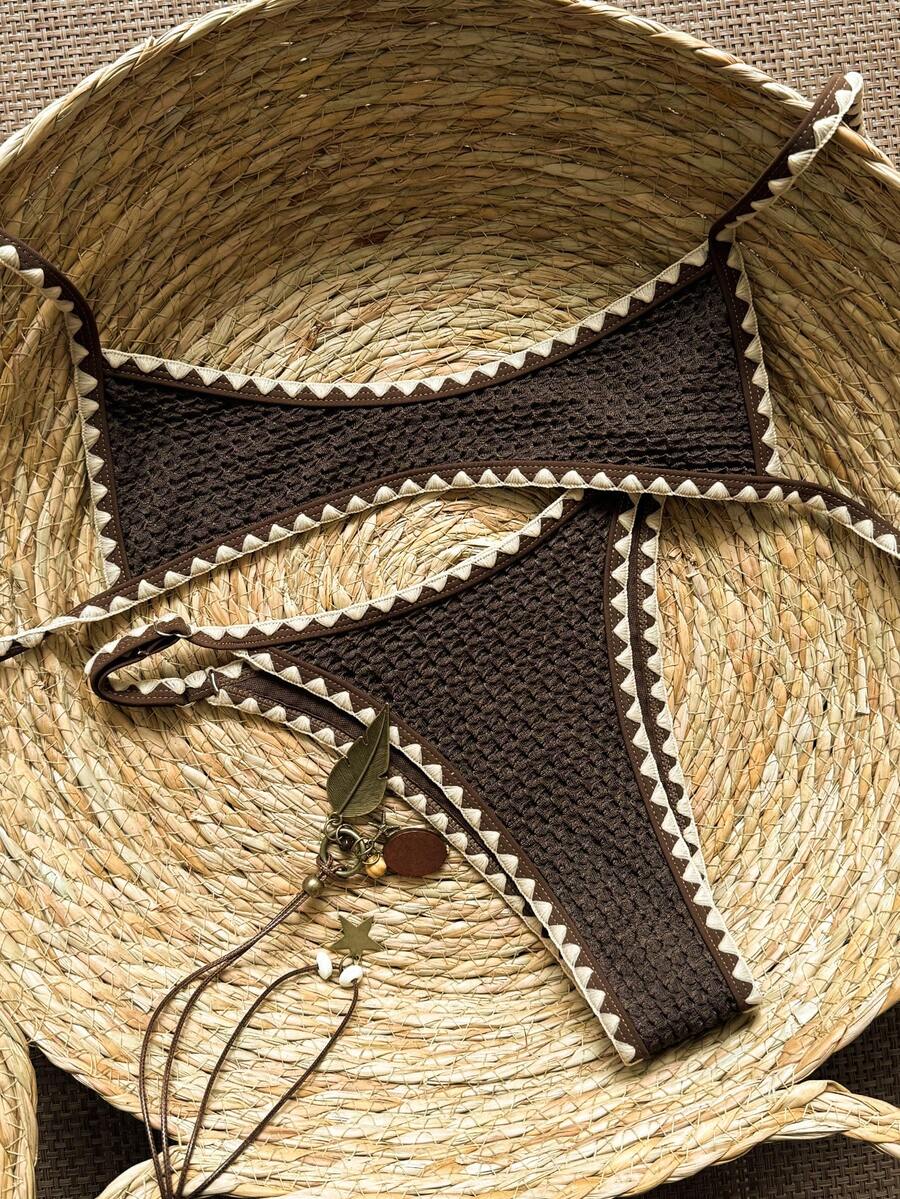 Swim Vcay 2026 Spring/Summer New Women's Dark Brown Textured Bikini Set, Off-White Floral Bud Contrast Trim Thin Strap Bandeau Top & High-Cut Triangle Bottom, Elegant Casual Beach Vacation Swimsuit Set - Brown - View 1