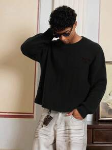 SWAVVY Sweater Pria Kasual Bordir Huruf Musim Gugur/Dingin - Hitam - View 4