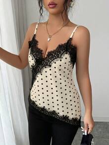 Rafferiza 女款優雅圓點棕色蕾絲拼接背心上衣 - 米色 - 查看 3