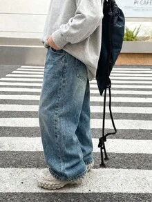 SHEIN 小男孩休閒水洗寬鬆牛仔長褲 - 中等水洗藍 - 查看 4