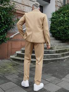 Artur Kramer Setelan Jas Pria Bisnis Warna Polos Sederhana untuk Sehari-hari, 2 Potong/Set Blazer Kancing Tunggal & Celana Jas Formal - Khaki - View 3