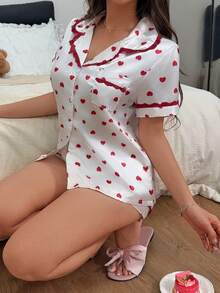 Dream Adore Heart Print Lace Trim Open Front Collar Faux Silk Short Sleeve Shorts Women's Pajama Set - White - View 4