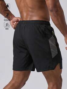 Acti Log Celana Pendek Olahraga Pria dengan Pinggang Elastis, Desain Blok Warna, dan Kantong Resleting, Cocok untuk Gym dan Liburan. - Hitam - View 3