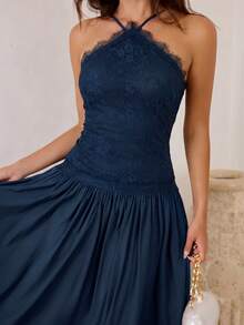 Enchnt Women's Lace Patchwork Ruffle Casual Party Long Dress - Navy Blue - View 3
