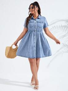 SHEIN ICON 大尺碼夏季休閒前開扣牛仔洋裝 - 淺色水洗藍 - 查看 4