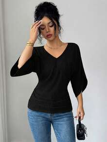 Elenzga Women's Textured Fabric V-Neck Loose Waist-Cinched Ruched Waist Figure-Flattering Design High-End Elegant Birthday Gift Date Versatile Short Sleeve - Black - View 4