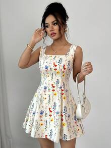 Rafferiza Ditsy Floral Square Neck Tie Waist A-Line Sleeveless Dress For Women - Multicolor - View 5