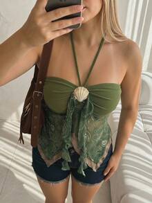 SHEIN ICON Plus Size Retro Boho Y2K Style Seashell Decor Asymmetrical Hem Camisole Dress, Paisley Vintage Print Beach Vacation Holiday, Summer Olive Green - Green - View 11