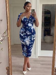 SHEIN Lady CURVE 大码女式碎花短袖修身优雅连衣裙 - 藏蓝色 - 查看 4