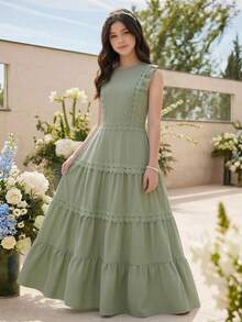 SHEIN 青少年女孩綠色純色洋裝，附荷葉邊飾、百褶裙擺、多層式下擺，優雅風格，輕盈柔軟面料，適合度假、畢業、返校、婚禮季、正式派對與活動 - 綠色 - 查看 2