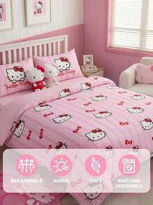 HELLO KITTY AND FRIENDS | SHEIN 3件組粉色條紋蝴蝶結裝飾被套組，卡通角色圖案，光滑柔軟保暖材質，多尺寸適用於單人床/雙人床/加大床/特大床，創意禮物、派對、節慶、復古寢具 - 紅粉 - 查看 9