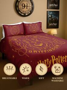 HARRY POTTER X SHEIN 三件套可爱卡通印花被套，光滑面料，柔软保暖，红色被套，多种尺寸可选，适用于单人床/双人床/大号床/特大号床 - 紅色 - 查看 7