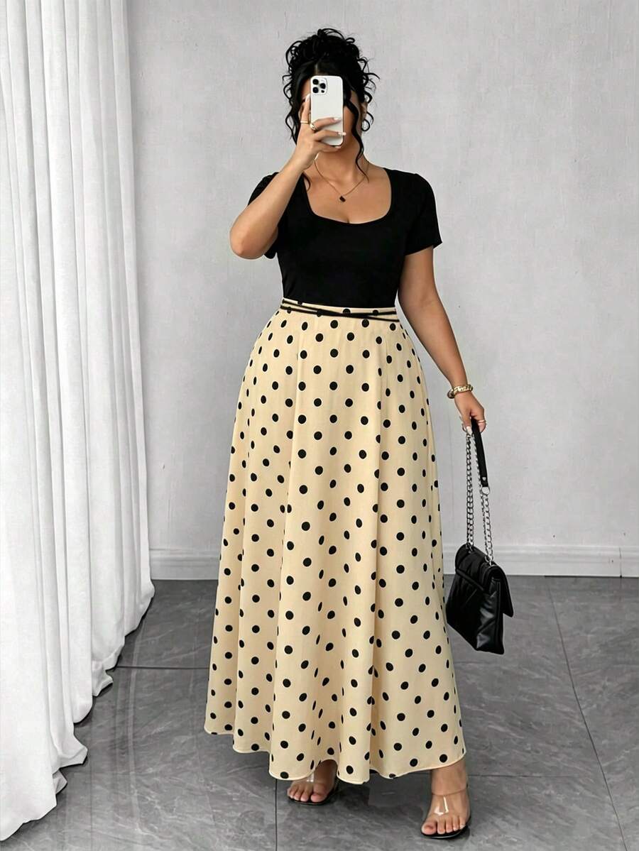 SHEIN Clasi 女款大尺碼方領波點印花短袖洋裝 - 米色 - 查看 1