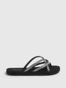Grefit Sandales décorées de strass noirs à la mode pour les femmes, chaussures de vacances, d'été, chaussures de rentrée scolaire, chaussures d'étudiante, chaussures de Noël, d'automne et du Nouvel An - Noir - Voir 4