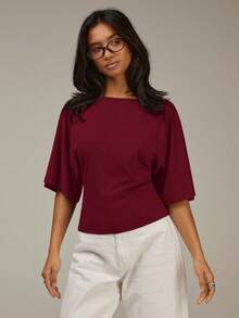 Athîral Women's Solid Color Short Sleeve Back Knot Casual Top - Burgundy - View 2
