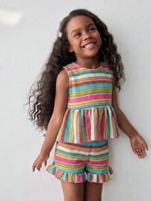 Maija Kids Maija Kids Young Girl Patchwork Striped Tank Top And Shorts 2pcs Set - Multicolor - View 6
