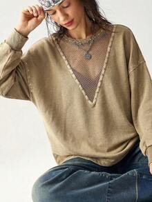 Bohemela Women's Casual Solid Color Knit Crew Neck Long Sleeve Loose Washed Sweatshirt - Brown - View 8