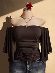 SHEIN ICON 大尺碼女款素色百褶露肩休閒百搭日常外出上衣 - 棕色 - 查看 10