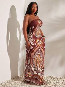 Radiana Plus Size Women Spring/Summer Vacation Plant Print Side Drawstring Slit Hem Strapless Dress - Multicolor - View 7