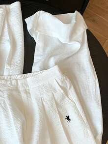 Resyla Pony Embroidery White Linen Pants Slouchy High Waist Slimming Straight Leg Vacation Autumn Casual - White - View 4