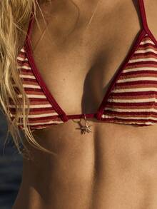 Aralina Burgundy Summer Casual Tropical Beach Vacation Holiday Red Terry Texture Stripe 3 Piece Bikini Set With Swim Bag High Cut Tie Side Brief Triangle - Burgundy - View 3