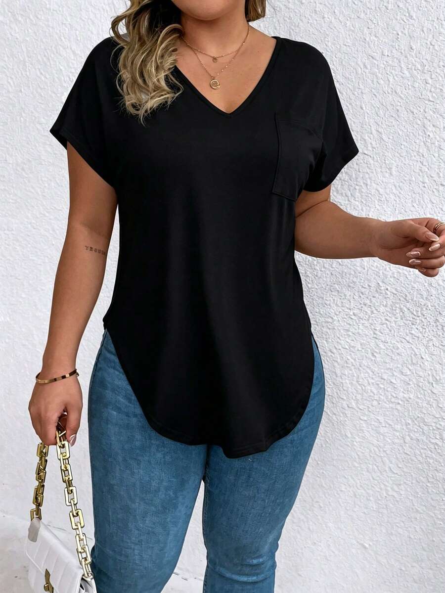 EMERY ROSE Regular Women's Solid Color V-Neck Short-Sleeved Casual T-Shirt - Black - View 1