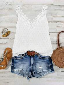 Linhara Plus Size Black Jacquard Polka Dot Deep V Lace Trim Backless Casual Vacation Camisole - White - View 3
