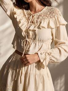 Willow Rêve Bộ áo và quần short dệt ren màu trắng kem dành cho nữ, kiểu Bohemian, mang đến không khí lãng mạn cho kỳ nghỉ, hẹn hò, ngày Valentine, đi biển. - Màu be - Xem 8