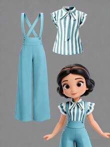 Rometta Plus Size Women's Light Blue Striped Ruffle Tie Bow Blouse & Metal Button High Waist Wide Leg Pants Suspender Suit,Summer Cute School Commuting Style - Multicolor - View 1