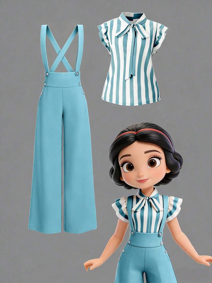 Rometta Plus Size Women's Light Blue Striped Ruffle Tie Bow Blouse & Metal Button High Waist Wide Leg Pants Suspender Suit,Summer Cute School Commuting Style - Multicolor - View 1