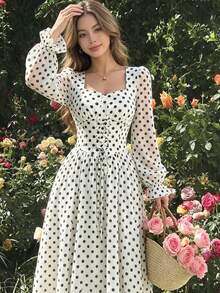 Modelyn 女款圓點圖案繫帶設計法式風格高階收腰洋裝 - 彩色 - 查看 3