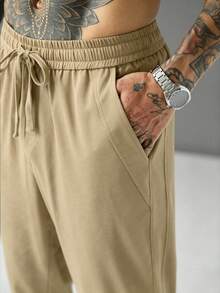 SLATEMANN Men's Solid Color Drawstring Waist Casual Versatile Daily Travel Long Pants - Khaki - View 7