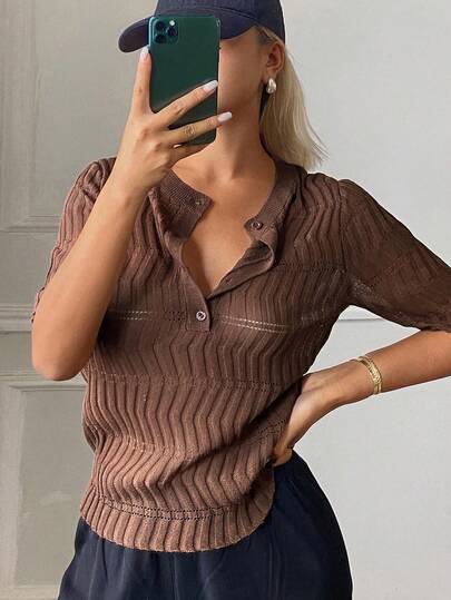 Livesso Áo len polo dệt kim ngắn tay nữ dáng rộng, phong cách casual công sở streetwear preppy màu nâu, mặc mùa hè