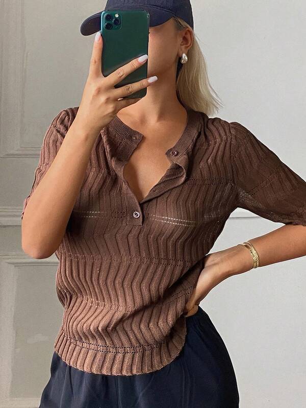 Livesso Women's Loose Casual Business Office Streetwear Brown Preppy Short Sleeve Knit Polo Sweater Top, Summer