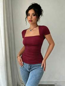 Rafferiza 時尚修身肩袖U領腰部抓皺高彈力針織白色春夏女款T恤 - 紅色 - 查看 5