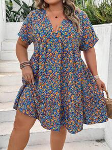 SHEIN CURVE+ Plus Size Women's Summer Leisure Vacation Short Style Baby Blue Ditsy Floral Back To School Teacher Work Vacation Clothes Women's Dress Boho Vacation - Multicolor - View 3