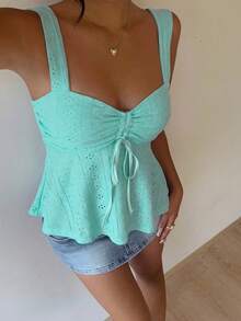 MainGRL Women's Casual Pleated Tie-Up Hollow Back Tank Top,Summer Top - Teal Blue - View 3