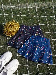SHEIN Cheerettes 女款全印花休閒健身運動裙褲，適合健身房、皮拉提斯、網球、登山、世界盃啦啦隊、夏季運動鍛鍊 - 彩色 - 查看 3