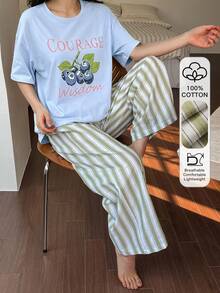 Livesso 2件組女款夏季睡衣套裝，寬鬆短袖T恤印有英文藍莓圖案搭配條紋直筒長褲 - 藍色 - 查看 3
