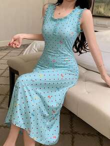 DAZY Sweet Polka Dot Bow Print All-Over Print Ruched Ruffle Trim Sleeveless Cinched Waist Women's Nightgown Summer - Green - View 3