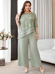 Reflora Plus Size Women's Floral Embroidery Pattern Top And Wide Leg Pants Casual Daily 2-Piece Set - Green - View 5