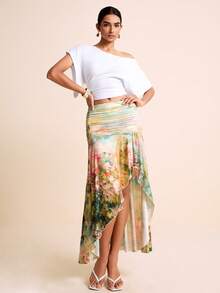 LOTSLUV Women's Spring/Summer Vacation Sage Green Floral Blurred Print Knit Ruched Slit Asymmetrical Ruffle Print Skirt Vacation Elegant - Multicolor - View 7
