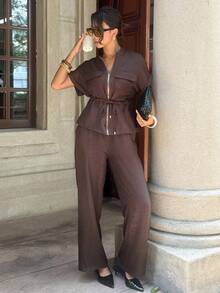Siren Gaze Women's Linen-Blend Two-Piece Set | Short-Sleeve Utility Top & Drawstring Wide-Leg Trousers – Loose, Casual Work-To-Weekend Set - Brown - View 3