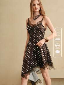 SHEIN Women's Brown And White Polka Dot Lace Patchwork Spaghetti Strap Slip Dress, Elegant French Asymmetrical Hem Summer Party Vacation Brunch Night Out - Chocolate Brown - View 6