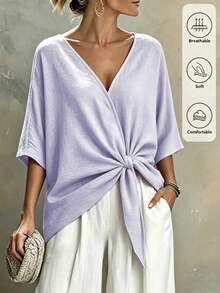 SHEIN Holidaya 女款素色蝙蝠袖腰部打結休閒襯衫 - 紫色 - 查看 1