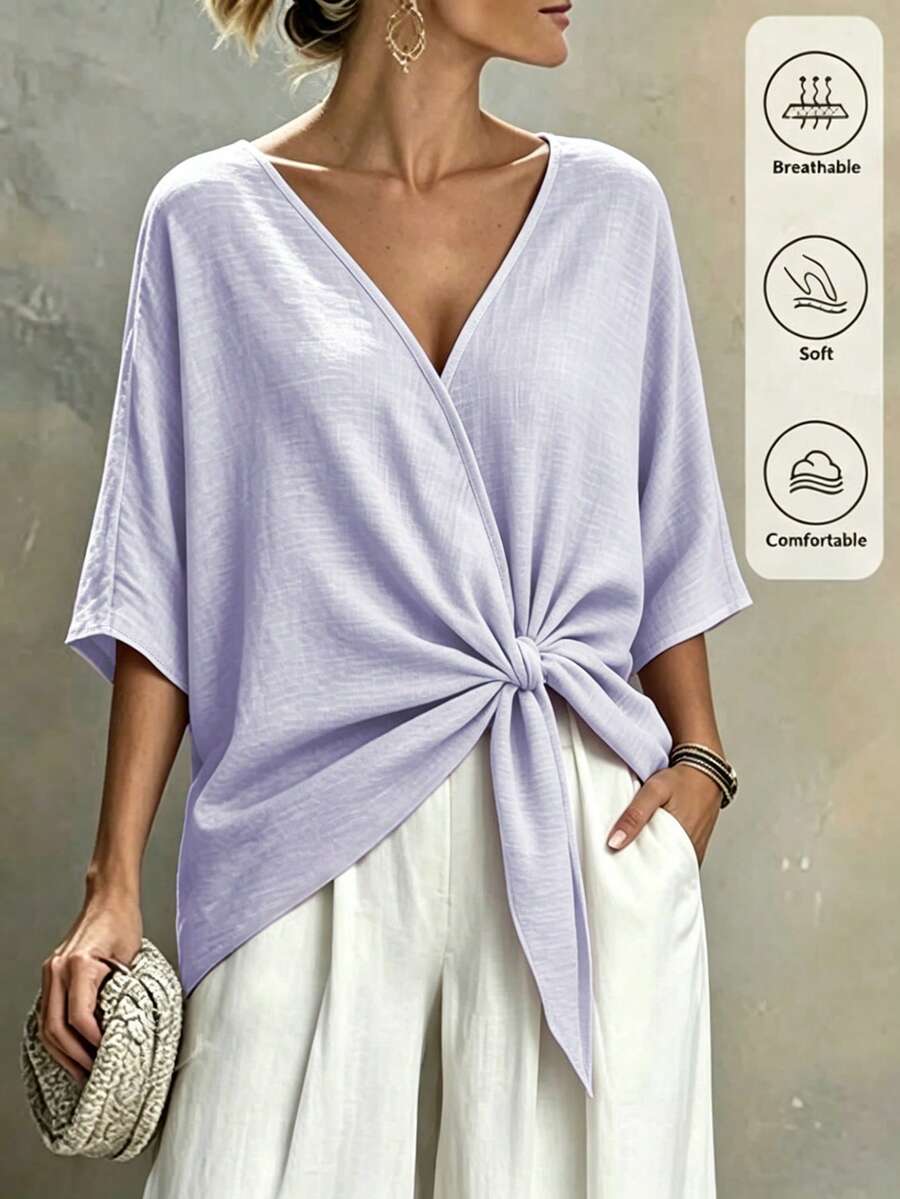 SHEIN Holidaya 女款素色蝙蝠袖腰部打結休閒襯衫 - 紫色 - 查看 1