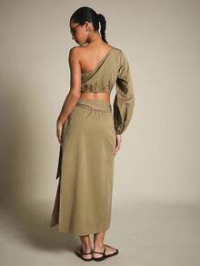 KSTM One Shoulder Long Sleeve Crop Top And Wrap Midi Skirt Two Piece Co-Ord Set Summer Vacation Brunch Khaki Sexy Elegant - Khaki - View 2