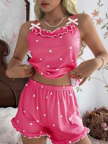 CottageSlumber Women's Ribbed Velvet Camisole & Shorts Pajama Set With Ruffle Trim, Small Bows And Romantic Heart Design - Hot Pink - View 7