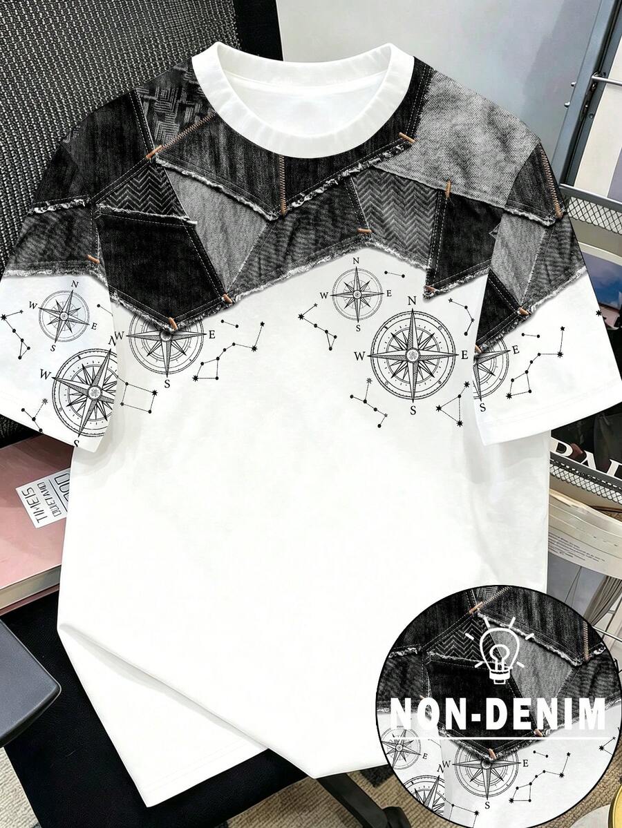 Manfinity Joysei Men's Patterned Casual Crew Neck Short Sleeve T-Shirt - Black and White - View 1