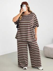 SHEIN CURVE+ Plus Size Women's Striped Short Sleeve Top And Wide Leg Pants Casual 2 Pieces Set - Multicolor - View 8